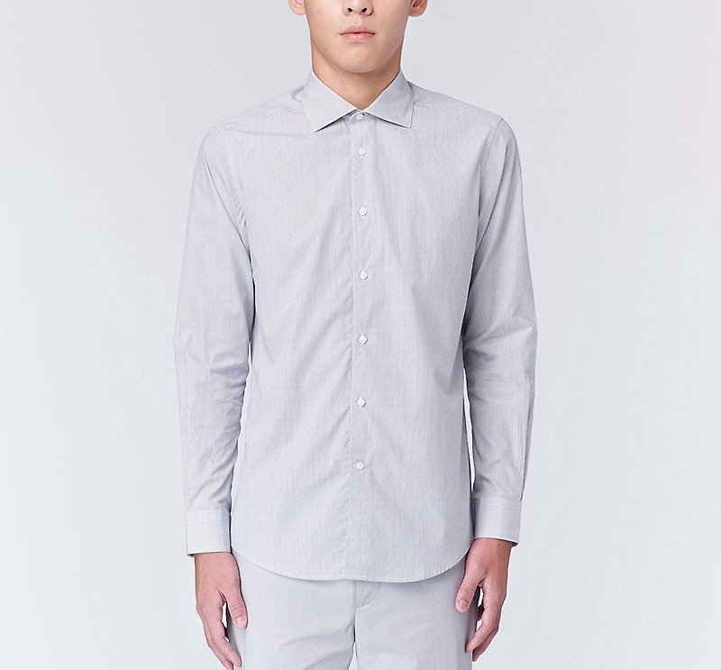 [Business formal wear] Classic long-sleeved shirt (grey stripes) - เสื้อเชิ้ตผู้ชาย - ผ้าฝ้าย/ผ้าลินิน สีเทา