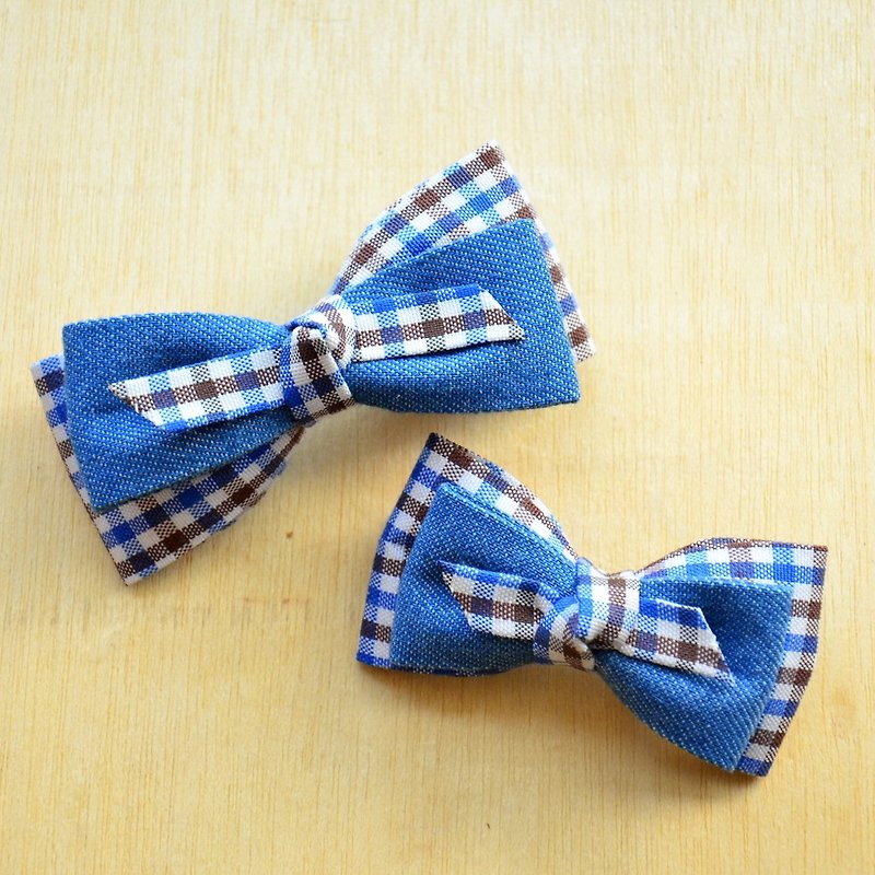 Denim plaid bow-parent-child and sister combination - Hair Accessories - Other Materials 