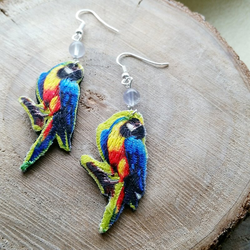Blue Stone, parrot earrings embroidery - Earrings & Clip-ons - Thread Multicolor