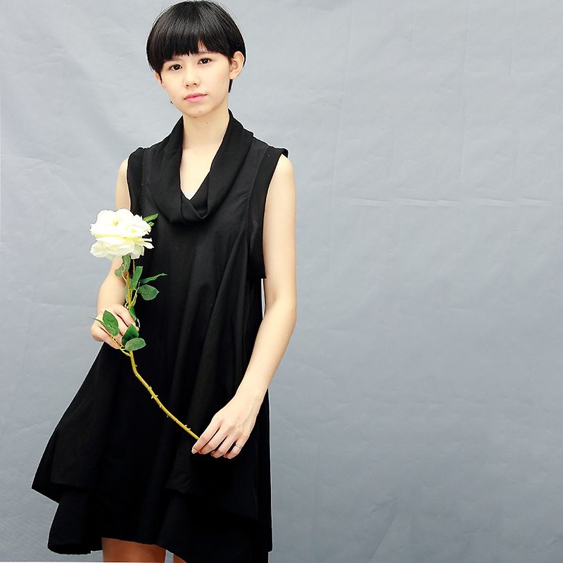 Black dress / classic black chiffon X black cotton / skirt dress - One Piece Dresses - Cotton & Hemp Black