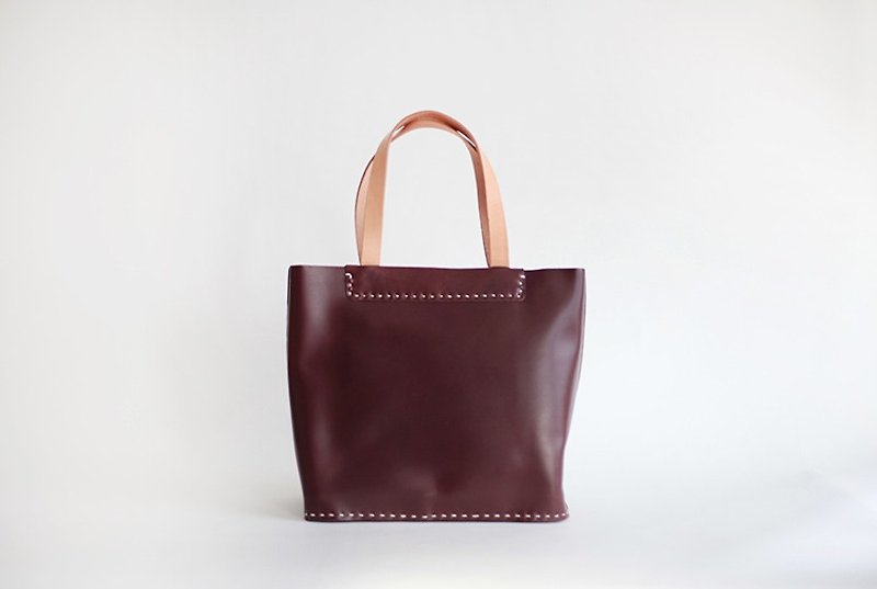 joydivision vintage burgundy small hand-stitched tote bag, leather handmade simple design - Handbags & Totes - Genuine Leather Red