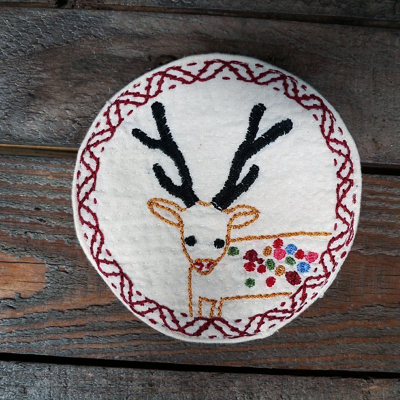 手刺繍のコースター_ _白色の鹿 - コースター - その他の素材 