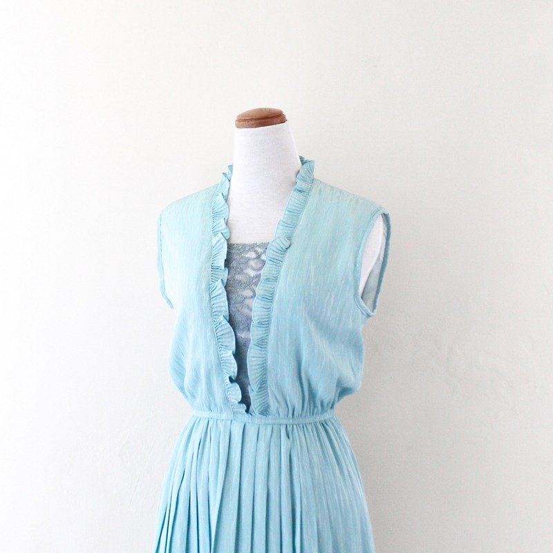 [RE0812D469] Japanese lace stitching sleeveless vintage dress blue-green water - ชุดเดรส - วัสดุอื่นๆ สีน้ำเงิน
