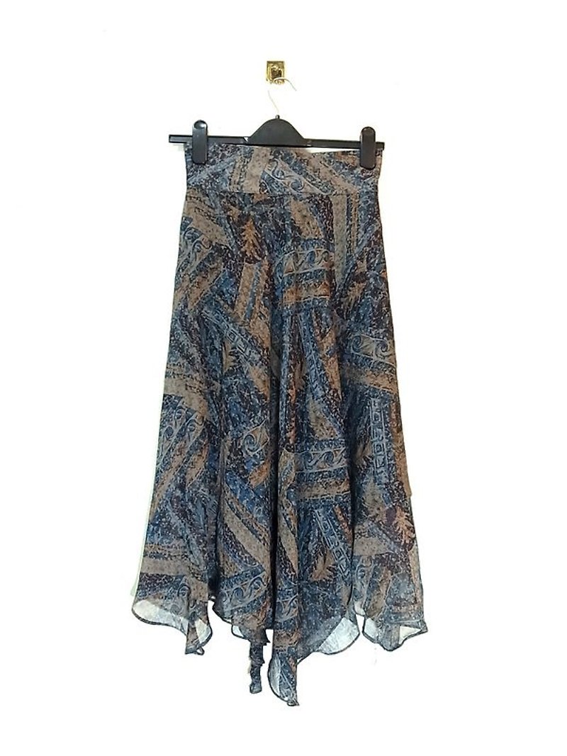 藍咖啡系 樹木海浪印花 雪紡 不規則設計裙 Bea:Mon 古著 - กระโปรง - วัสดุอื่นๆ 