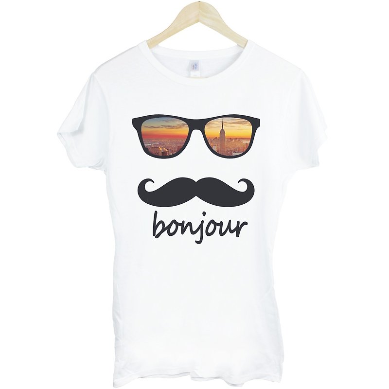 bonjour-New York Girls Short Sleeve T-Shirt-White New York NYC American Wenqing Wenchuang Cheap Fashion Design Homemade Fashion Round Triangle - Women's T-Shirts - Other Materials White