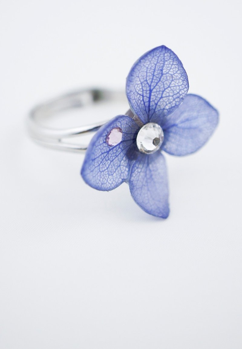 Rhapsody in Garden – Blue Real Hydrangea Flower with Swarovski Crystal Ring - General Rings - Gemstone Blue