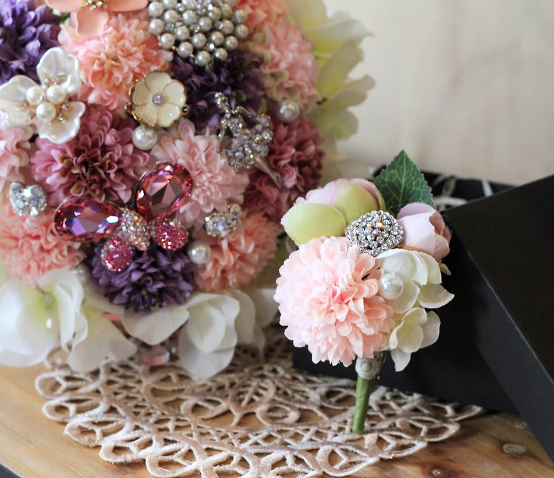 Jewelry bouquet [classic lace ball chrysanthemum] corsage and bouquet discount combination (pink purple) - เข็มกลัด - วัสดุอื่นๆ สึชมพู