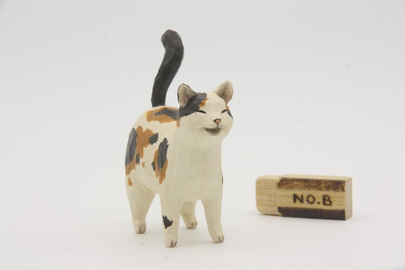 猫を癒し小動物の彫刻学科_下の3つの花のBキャット（手彫りの木） - 置物 - 木製 多色