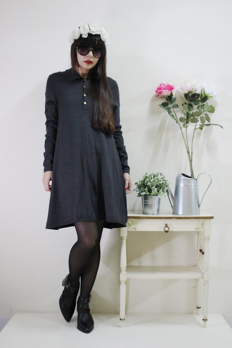 F1542 [Italian made bids] (Vintage) gray wool knit long-sleeved vintage dress (Made in Italy) - One Piece Dresses - Other Materials Gray