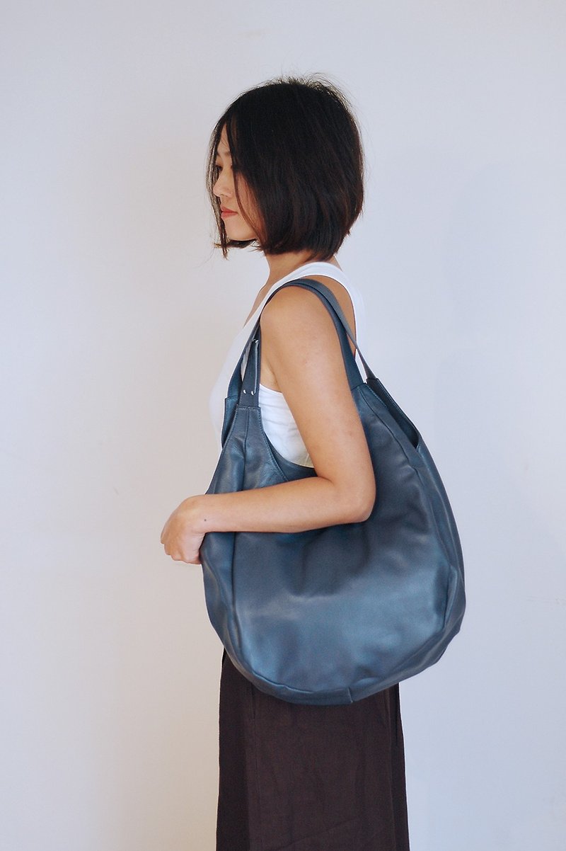 Dimensional cut leather shoulder bag - blue L - Messenger Bags & Sling Bags - Genuine Leather Blue