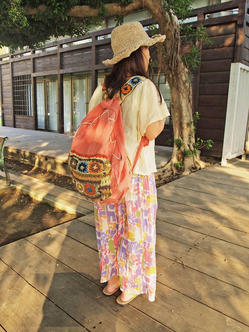Cute culture color hand-woven backpack after Nepal made (I150519) Pink - กระเป๋าเป้สะพายหลัง - ผ้าฝ้าย/ผ้าลินิน สีเขียว