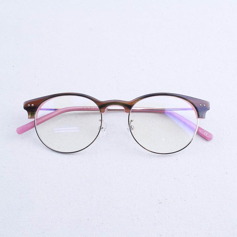復古圓框 經典眉框 透明咖啡粉紅鏡框 眼鏡 - Glasses & Frames - Plastic Brown