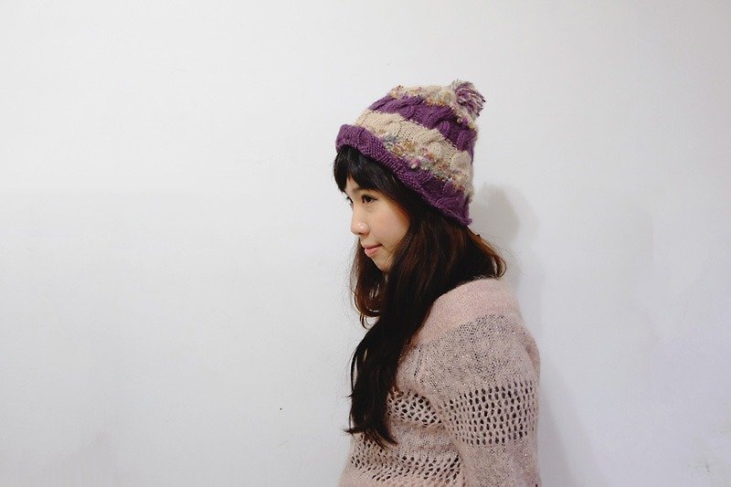 Araignee Design * Hand knitted wool hat - Beanie & Ball ball roll cap / beige, purple Japan imported special wire splicing ball ball mix wind - Hats & Caps - Other Materials Multicolor