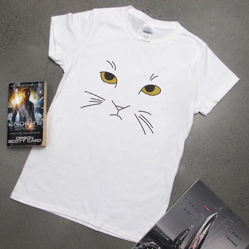 時尚貓臉 CatFace 純棉修身短袖T - T 恤 - 棉．麻 白色