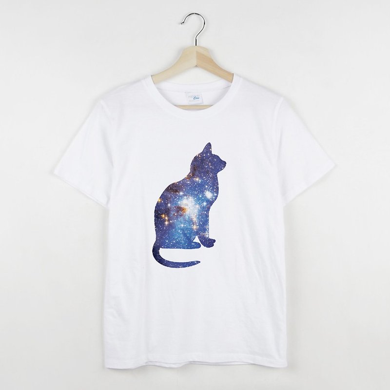 宇宙猫半袖 Tシャツ白猫宇宙天の川 Wenqing ギフト惑星毛むくじゃらの子 - Tシャツ - コットン・麻 ホワイト