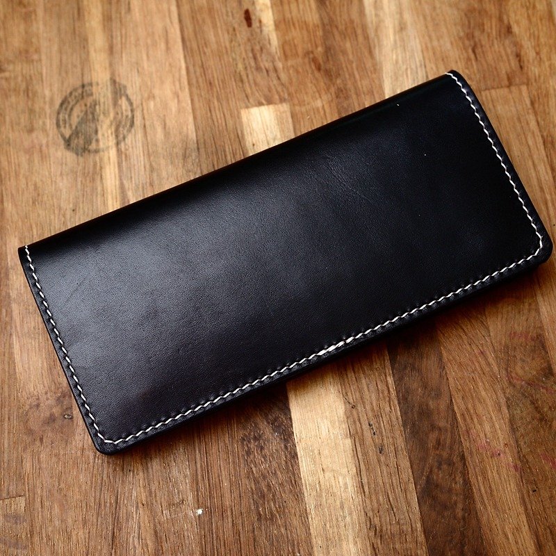 Cans hand-made hand-made handmade Japanese black vegetable tanned leather long wealth cloth real cowhide wallet long wallet - กระเป๋าสตางค์ - หนังแท้ สีดำ