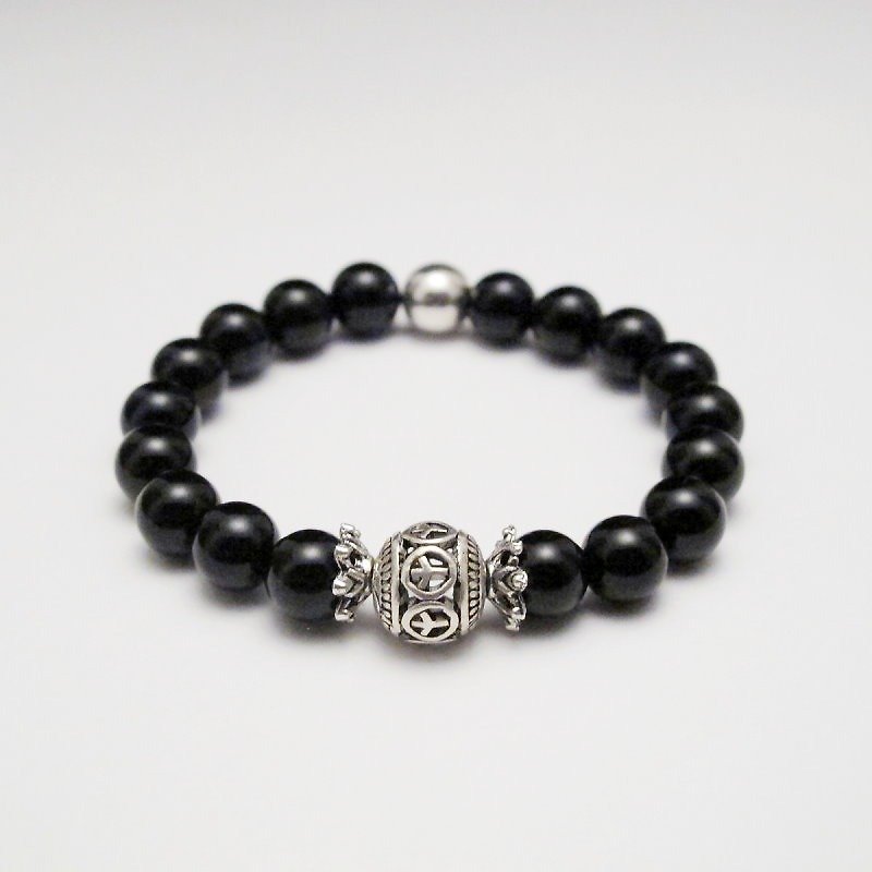 [Orange] Mr. Mu MUCHU agate. Peace Sign silver ball black onyx bracelet AB030 - Bracelets - Other Materials Black