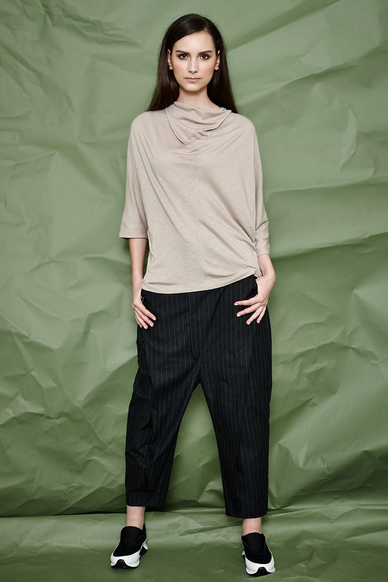 Khaki Down Collar Bat Sleeve Top - Women's Sweaters - Cotton & Hemp Khaki