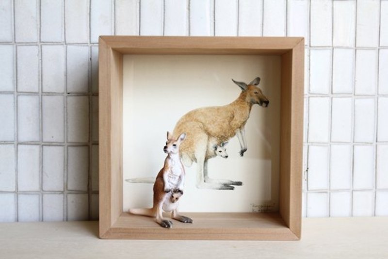 [畫,動物 AnimalPaintingCollection]框飾--袋鼠/小正方 - 牆貼/牆身裝飾 - 木頭 卡其色