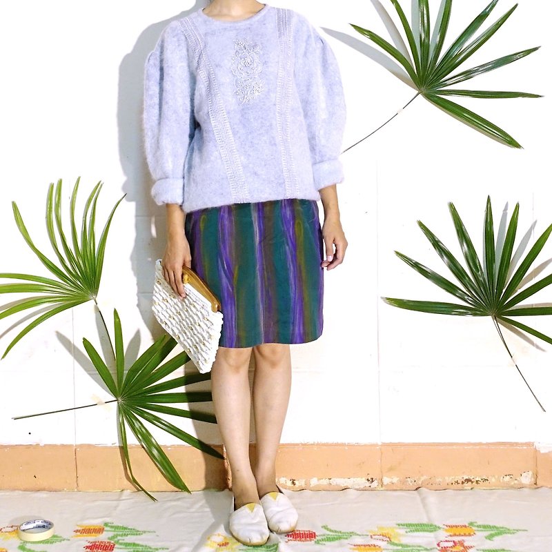 BajuTua / vintage / gray pearl embroidered mohair sweater sleeve Peng - สเวตเตอร์ผู้หญิง - ขนแกะ สีเทา