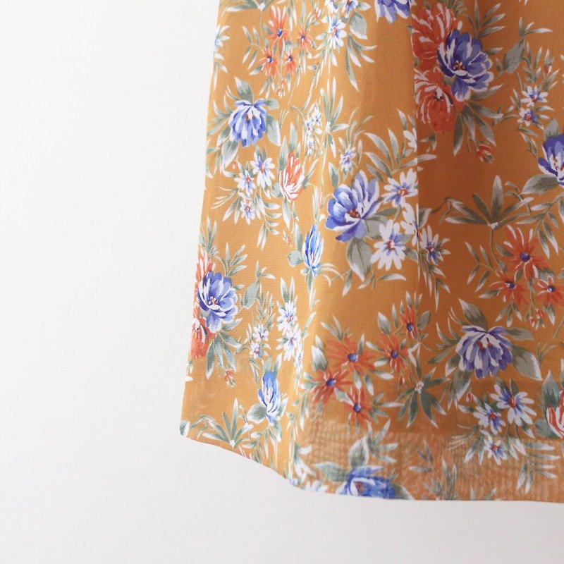 [RE0605D313] retro vintage ginger yellow floral short-sleeved dress - One Piece Dresses - Other Materials Orange