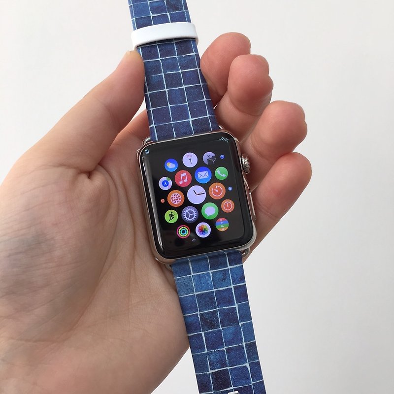 Apple Watch Series 1 , Series 2, Series 3 - Blue teal tile pattern Watch Strap Band for Apple Watch / Apple Watch Sport - 38 mm / 42 mm avilable - สายนาฬิกา - หนังแท้ 
