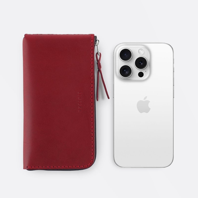 iPhone zipper leather phone case - burgundy - เคส/ซองมือถือ - หนังแท้ สีแดง
