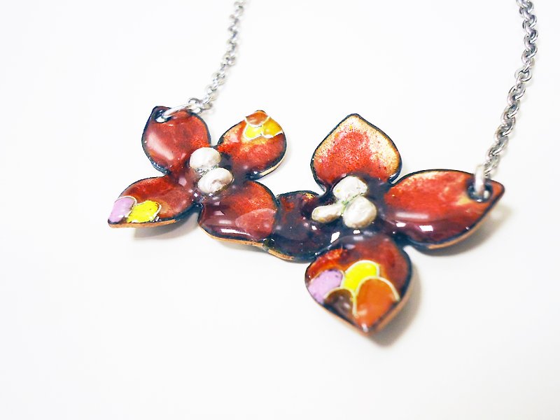 Flora Enameling Necklace Flower Enamel Necklace (Double Red) - Necklaces - Other Metals Red