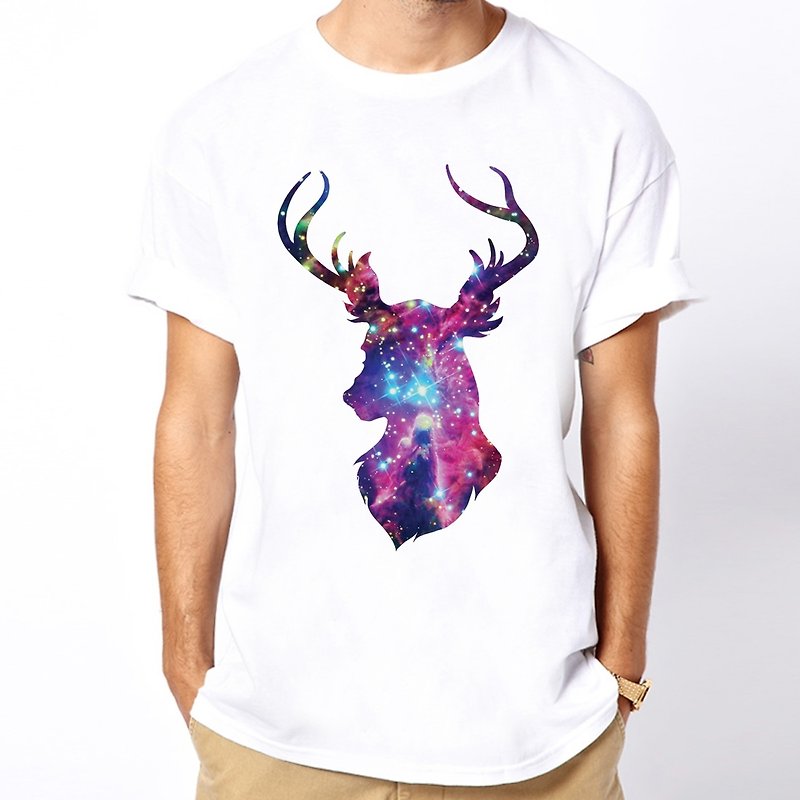 Cosmic Stag#3短袖T恤-白色 鹿角宇宙設計自創品牌銀河星剪影動物 - T 恤 - 棉．麻 白色