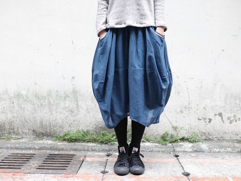 Omake original loose blue balloon skirt 002 - กระโปรง - ผ้าฝ้าย/ผ้าลินิน สีน้ำเงิน