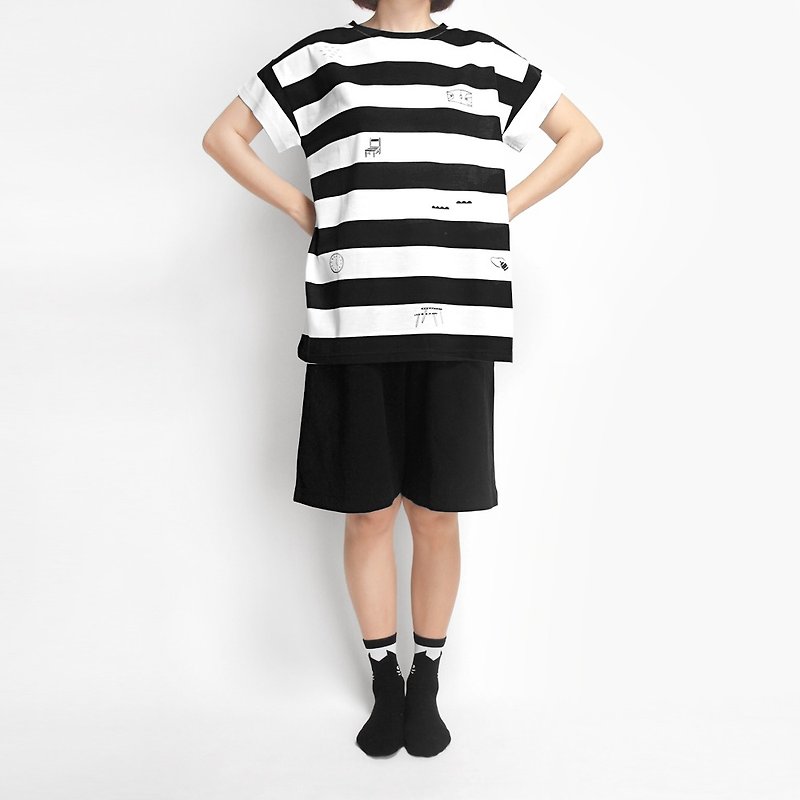 [HEYSUN] elementary school playground / serigraphy striped shirt - Black - เสื้อผู้หญิง - วัสดุอื่นๆ สีดำ