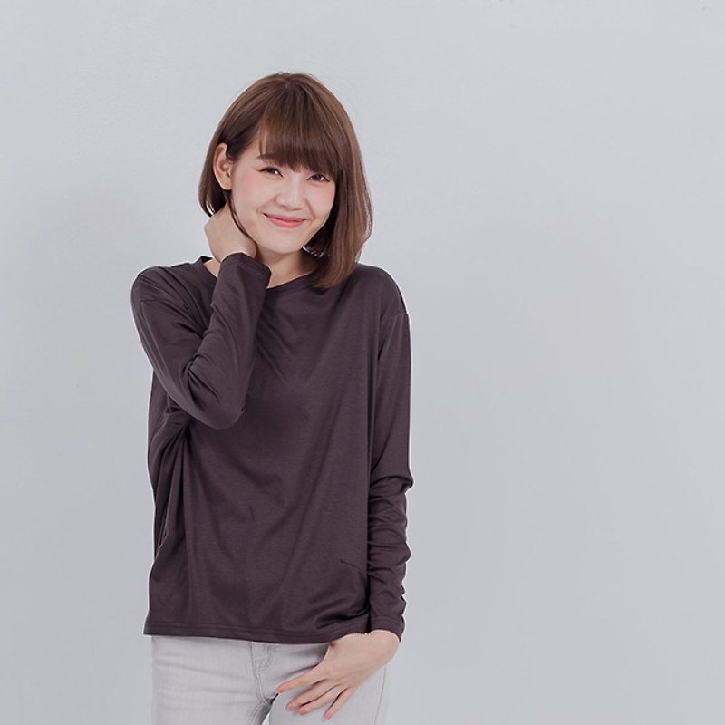 Xyza long sleeve with boat neck top / brown - トップス - コットン・麻 ブラウン