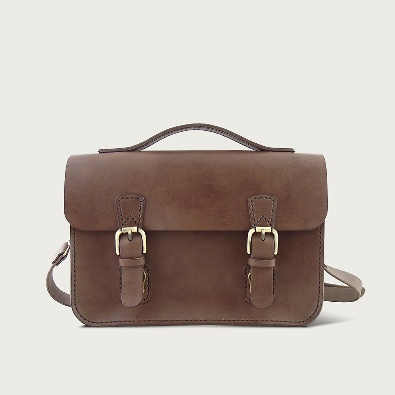 Double Button Small School Bag/Side Backpack--Dark Brown - กระเป๋าแมสเซนเจอร์ - หนังแท้ สีนำ้ตาล