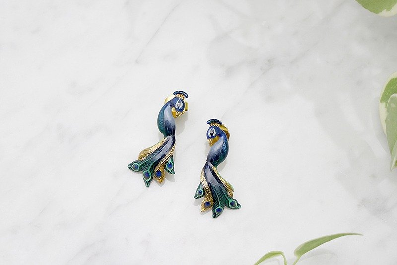 Peacock Earrings, Stud Earrings - 耳環/耳夾 - 銅/黃銅 藍色