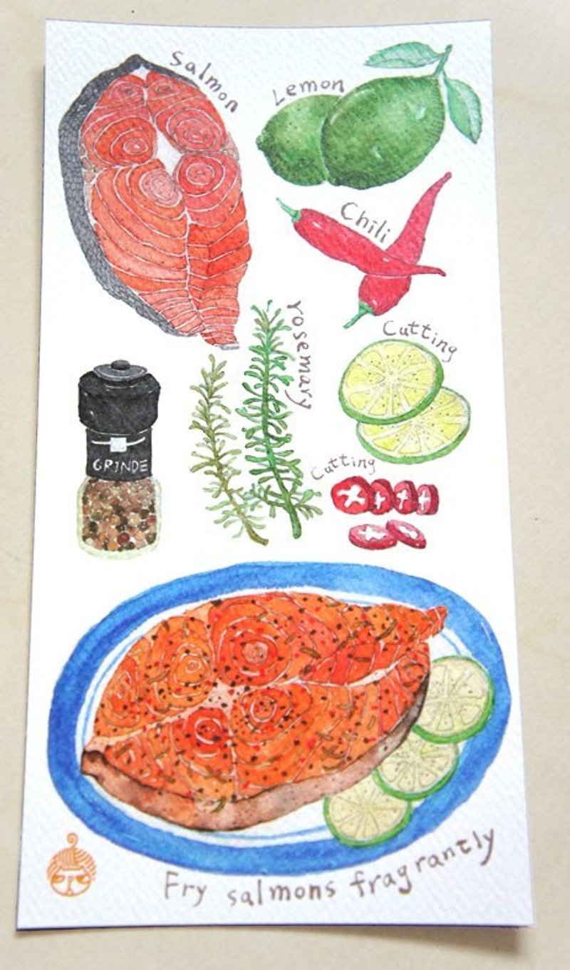 ローズマリー揚げ鮭（シングル） - 多くの場合、自宅のはがきでボールの家庭料理のレシピを縫製 - カード・はがき - 紙 オレンジ