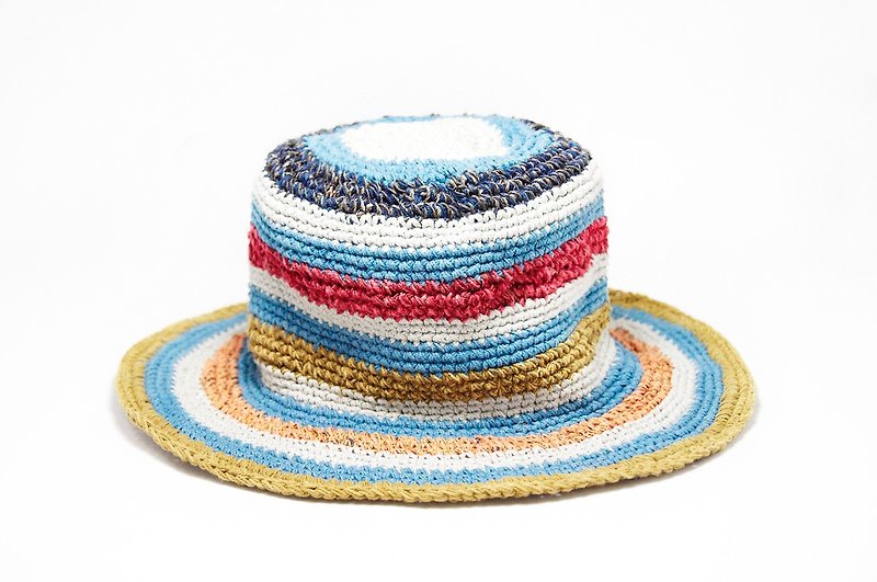 手工編織帽 漁夫帽 遮陽帽 草帽 手工編織棉麻帽 鉤織棉麻帽-藍調 - 帽子 - 其他材質 藍色