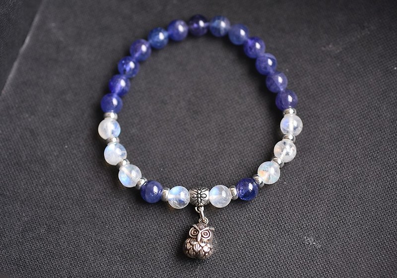 Sterling Silver Owl + Moonstone + Tanzanite Bracelet - สร้อยข้อมือ - เครื่องเพชรพลอย สีน้ำเงิน