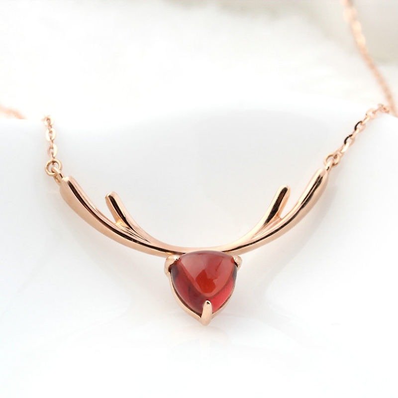 Made to Order - HAPPINESS RAINBOW DEER - 6mm Triangle Cabochon Garnet 18K Rose Gold Necklace - Necklaces - Gemstone Red