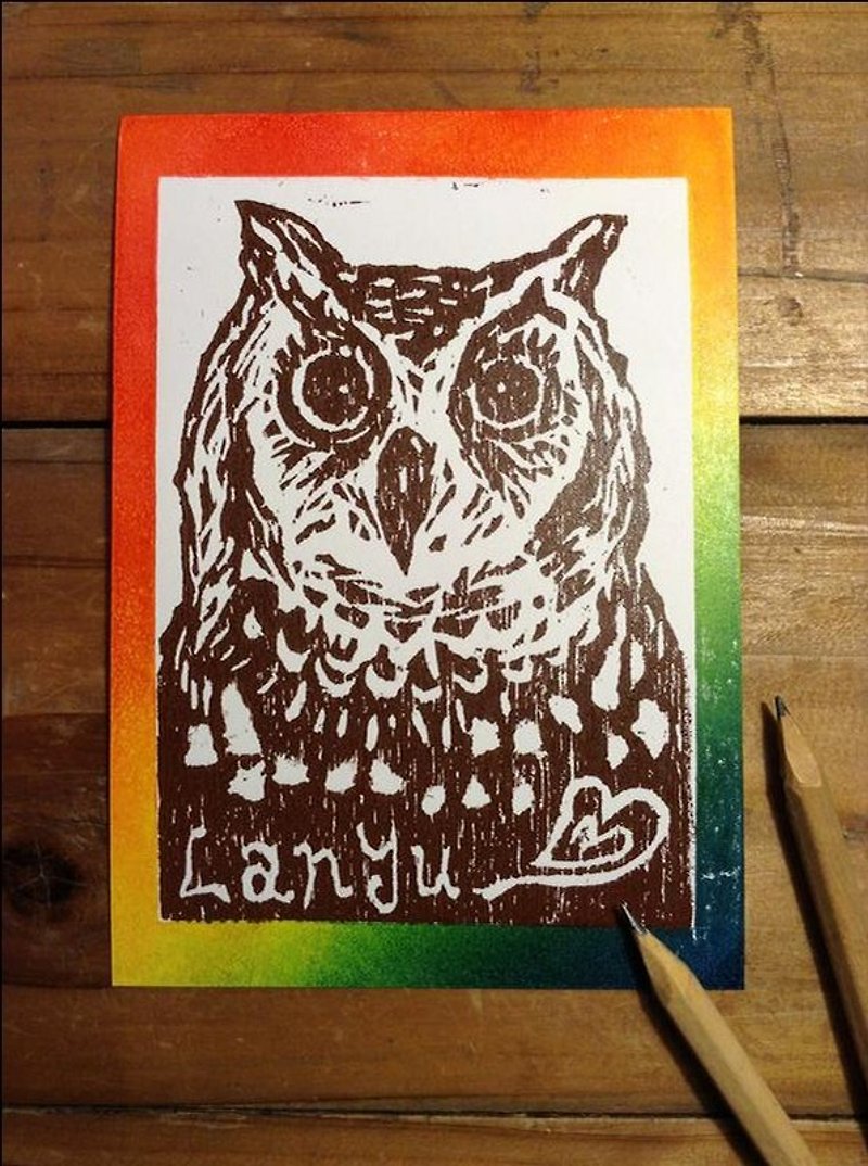 LANYU Horned Owl (Owl) Hand-printed Postcard - Posters - Paper Multicolor