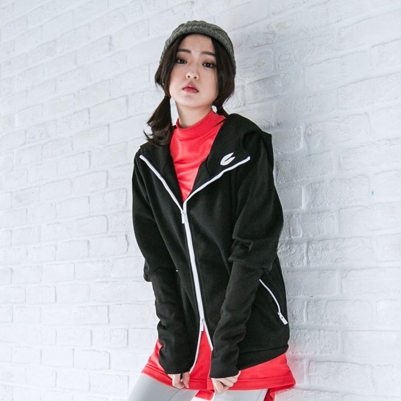 Female threaded sleeve hooded jacket - Black - เสื้อแจ็คเก็ต - วัสดุอื่นๆ สีดำ