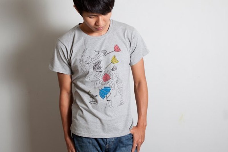 Hand-painted handprint TEE 【Umbrella】male/female white/grey - Men's T-Shirts & Tops - Cotton & Hemp Multicolor