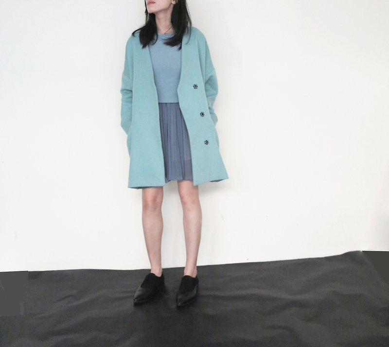 藍綠色雙層喀什米爾羊毛運動風繭型大衣(2015年批次) - 外套/大衣 - 其他材質 藍色
