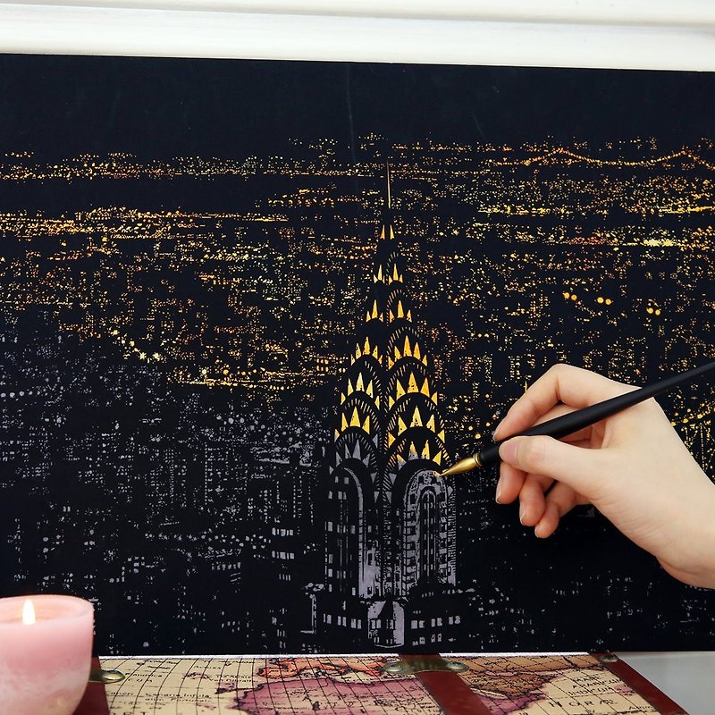 Hand scraping city golden night view - New York - Wood, Bamboo & Paper - Paper Gold