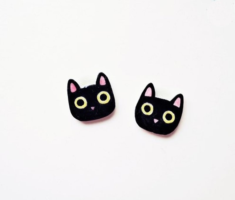 個性小黑貓耳環 黑貓 貓咪 抗敏鋼針 動物耳環 耳針 可改無痛透明矽膠夾式 - 耳環/耳夾 - 塑膠 黑色