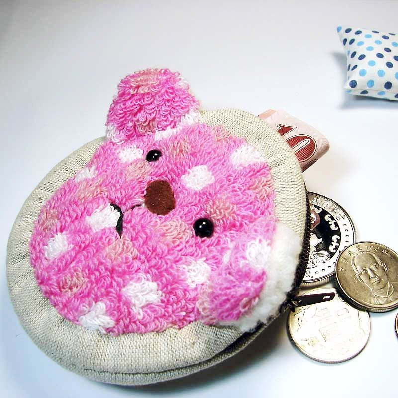 Cheerful terry cloth bear zipper coin purse a little bit pink - Coin Purses - Other Materials Pink
