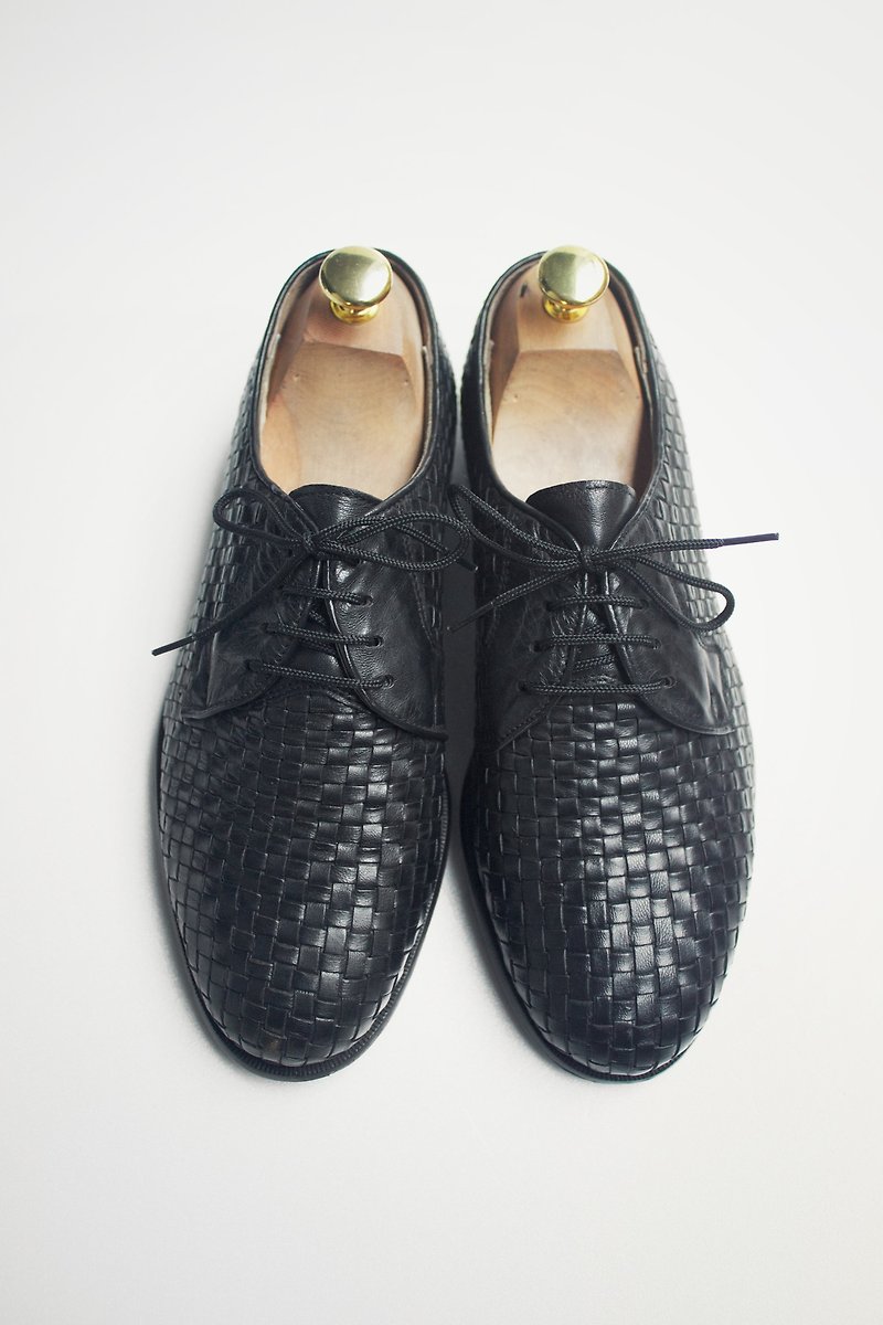 80s black woven Derby leather shoes | Woven Dress Derby Eur40 - รองเท้าลำลองผู้หญิง - หนังแท้ สีดำ