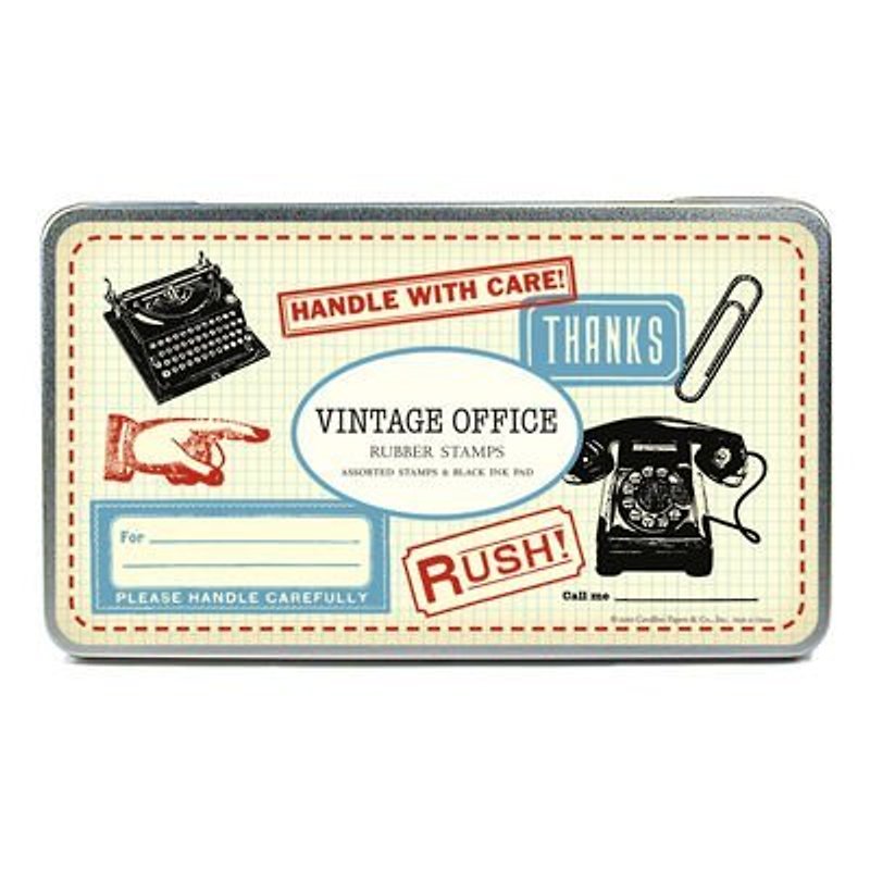 Cavallini Rubber Stamps 精裝鐵盒原木印章+印泥組 (Vintage Office) 復古 - はんこ・スタンプ台 - 木製 イエロー