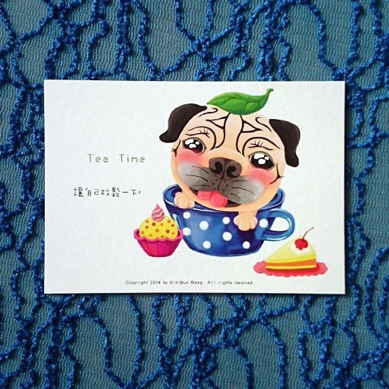 Pug Postcard-Tea Time - การ์ด/โปสการ์ด - กระดาษ ขาว