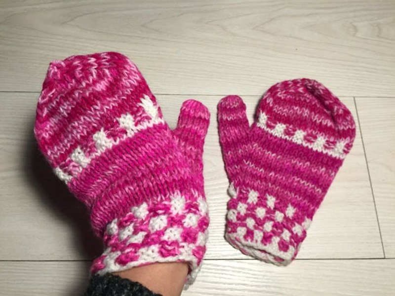 ペルー手作りの羊毛ふた手袋・粉末 - 手袋 - その他の素材 ピンク