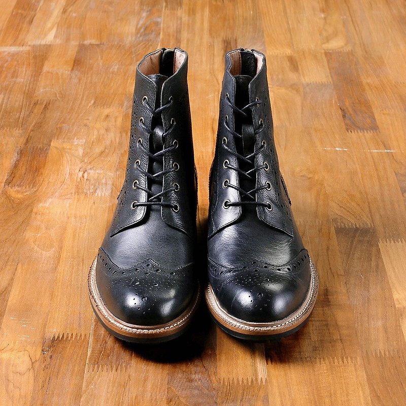 Vanger 優雅美型‧英式復潮翼紋繫帶中筒靴 Va189黑 - 男款靴/短靴 - 真皮 黑色